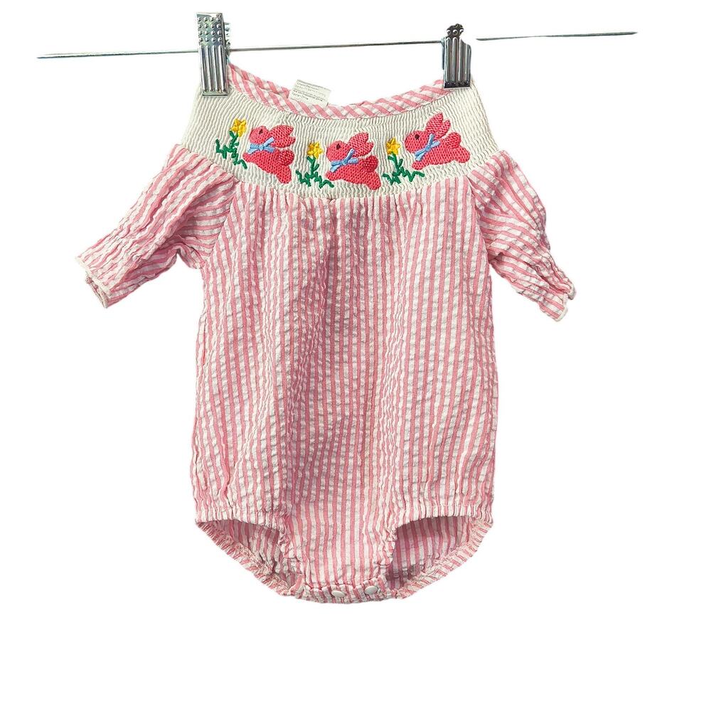 Easter Bunny Smocked Gingham Pink Outfit One Piece Bodysuit  3-6 Month